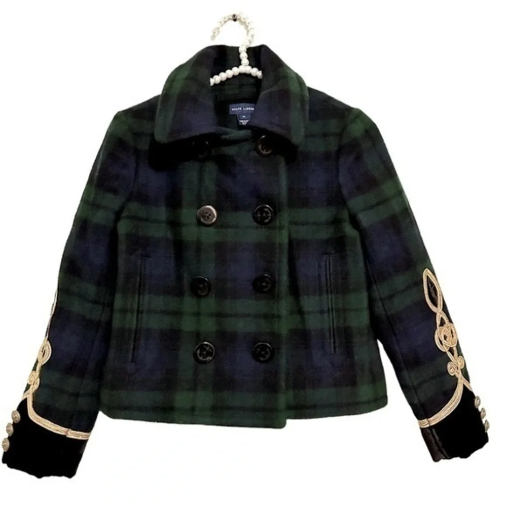Ralph Lauren Doubled Breasted Tartan Plaid Wool Pea Jacket‎ Sz. 10